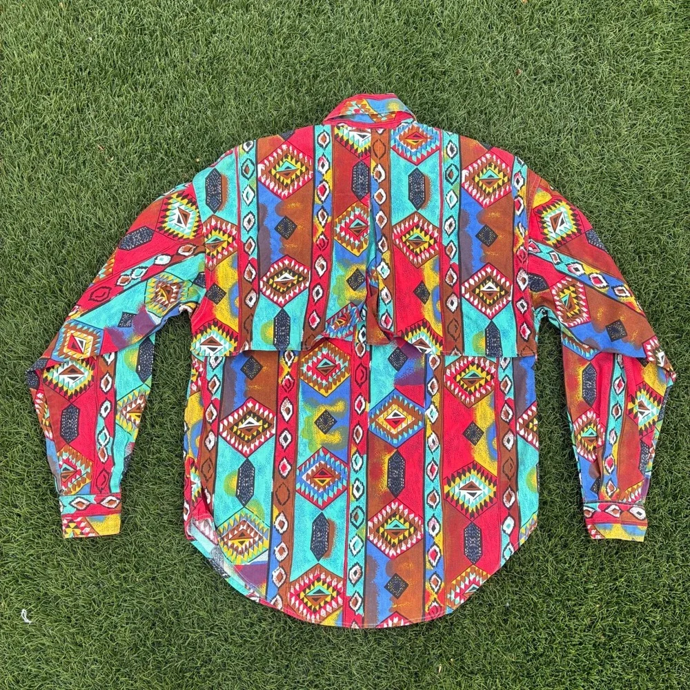 Vintage Adobe Rose Shirt Mens Small Multicolor Abstract Aztec Southwestern Rodeo